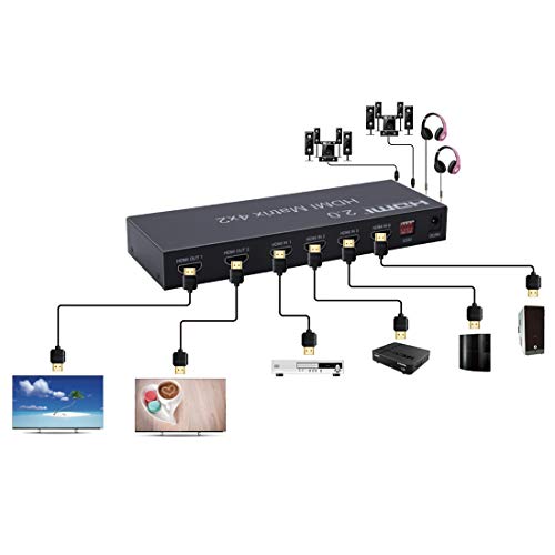 2.0 HDMI Matrix 4x2 4K @ 60Hz HDR Switch Splitter 4 Entradas 2 Salida RGB/YUV 4：4：4 Optical SPDIF y Salida Audio Jack 3.5 mm con Control Remoto