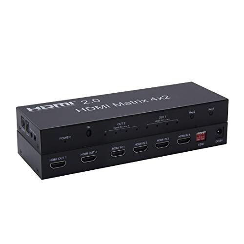 2.0 HDMI Matrix 4x2 4K @ 60Hz HDR Switch Splitter 4 Entradas 2 Salida RGB/YUV 4：4：4 Optical SPDIF y Salida Audio Jack 3.5 mm con Control Remoto