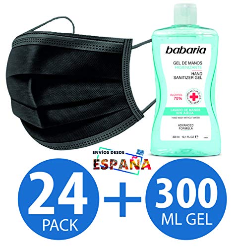 24 Mascarillas Higiénicas NEGRAS The Pink House + 1 Gel de Manos Higienizante HidroAlcoholico de Babaria 300 ml para llevar. Máscaras no quirúrgicas, Desechable de 3 capas de protección