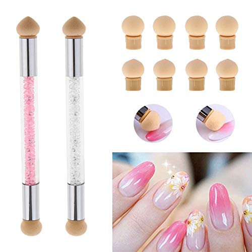 2pcs Esponja para Uñas, Cepillo de Esponja de Doble Cabeza, Pincel Degradado Uñas, Cabeza de Esponja de Uñas, con 8 Cabezales de Esponja Reemplazables (Blanco/Rosa)