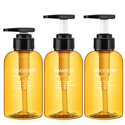 3 Botellas de Dispensadores de loción y de jabón, Segbeauty 300ml botellas de bomba recargables para champú acondicionador Gel de ducha corporal Baño de hotel Dispensador de prensa de plástico -Marrón