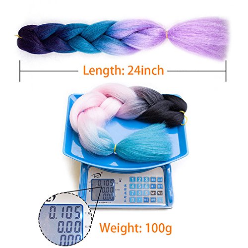 3 pcs/300g 60CM dos Ombre trenzado fibra Crochet Cabello Extensiones de pelo sintético trenzado Braids Extensiones de clip de pelo Natural Negro oscuro a azul oscuro a azul cielo