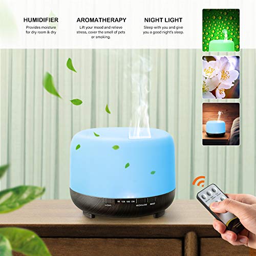 500ml Difusor de Aceite Esencial, TOPESCT Control Remoto Humidificador Ultrasónico con Luces LED Cambiantes de 8 Colores-Negro