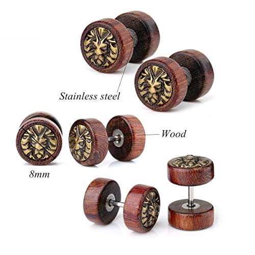 6 Pares 1.2 mm Sono Wood Stud Earrings Set 8mm Fake Mens Womens Stud Pendientes Fake Tunnel Plug Cheater Ilusión Árbol de la Vida Túnel Barbell Madera de Haya Ébano Juego