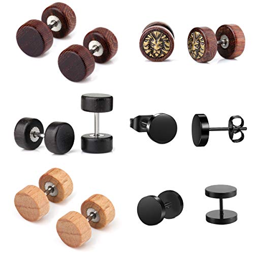 6 Pares 1.2 mm Sono Wood Stud Earrings Set 8mm Fake Mens Womens Stud Pendientes Fake Tunnel Plug Cheater Ilusión Árbol de la Vida Túnel Barbell Madera de Haya Ébano Juego