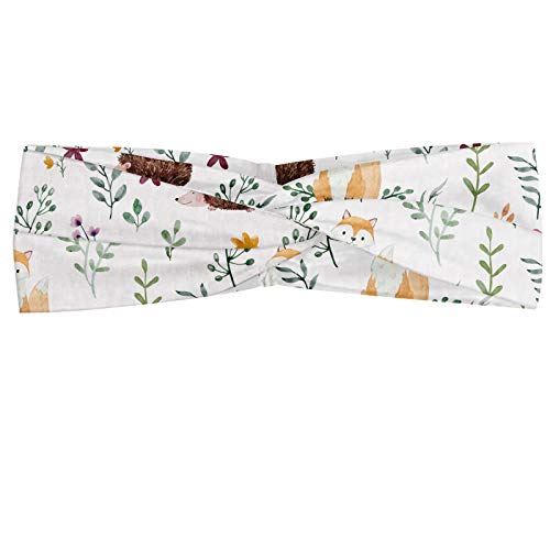 ABAKUHAUS Diadame Bosque, Banda Elástica y Suave para Mujer para Deportes y Uso Diario Patrón de Vida Silvestre rural con erizo y Baby Fox Kids en acuarelas tema de la naturaleza, Multicolor