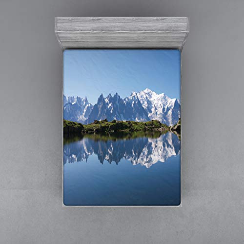 ABAKUHAUS Lago Sábana Elastizada, Mont Blanc Alpes Francia, Suave Tela Decorativa Estampada Elástico en el Borde, 135 x 190 cm, Azul pálido Verde Blanco