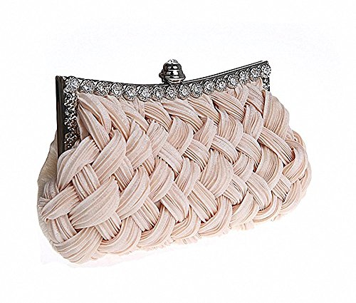 Abyelike - Bolso de mano para mujer, de noche, para novia, trenzado, con diamantes de imitación, color Beige, talla Talla única