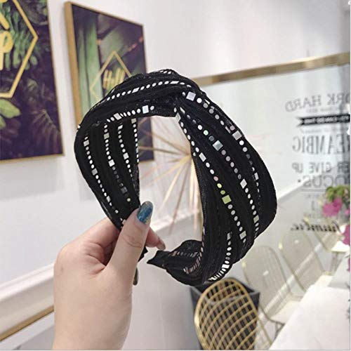 Accesorios para el Cabello de Alta Gama Lentejuelas Plisadas de Las Mujeres Diadema Cruzada Media Cruzada Diadema Diadema Moda Chica Salvaje Banda para el Cabello Diadema-Negro y Plata