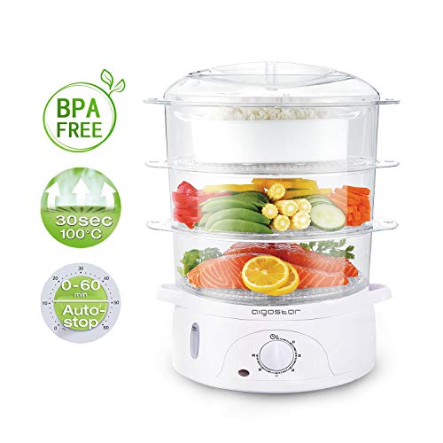 Aigostar Fitfoodie 30CFO - Vaporera Eléctrica 800 W, Libre de BPA, Temporizador hasta 60 Minutos. 3 Recipientes Apilables (Capacidad Total 9l), Cuenco para Preparar arroz. Diseño Exclusivo.