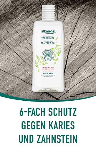 alkmene Enjuague bucal con aceite de árbol de té con protección 6 veces mayor - Protege contra la caries, los ácidos de azúcar, el sarro - Enjuague dental en paquete de 3 (3x 500 ml)