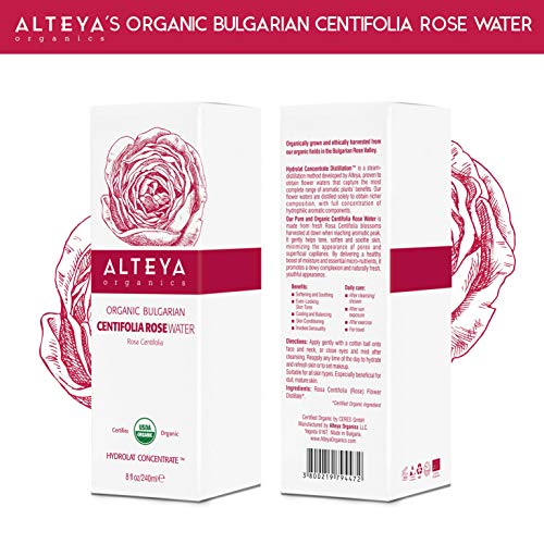 Alteya Organic Centifolia Rose Water Spray 240 ml botella de vidrio - 100% orgánico certificado USDA auténtico puro rosa Centifolia flor vapor destilada