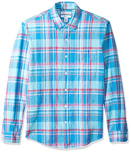 Amazon Essentials - Camisa de lino con manga larga, corte entallado y estampado para hombre, Aguamarina Cuadros, US L (EU L)