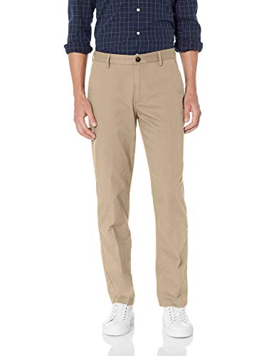 Amazon Essentials – Pantalón chino sin pinzas en la parte delantera, resistente a las arrugas, de corte recto para hombre, Marrón (Khaki), 35W x 30L