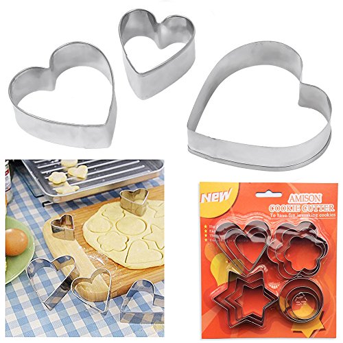 Amison Cortadores de repostería de metal con formas de corazón, estrella y flor para galletas, 12 piezas