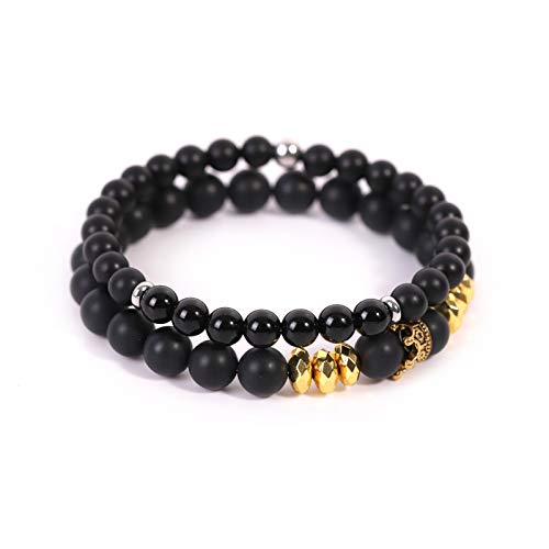 AnazoZ Pulsera Hombre Ancha 6/8 MM Pulseras Chakras Pulseras Ágata Negra con Corona Estilo B Pulsera 18 CM