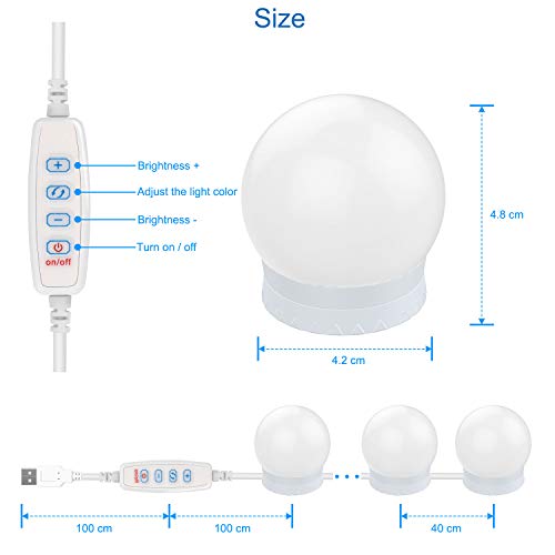 Aourow Luces de Espejo Maquillaje,Diseño de Cable USB Luz de Tocador LED con Interruptor y 10 Bombillas Regulables,3 Modos de Color y 10 Brillo (Sin Espejo y Cargador USB)