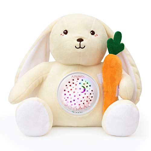 APUNOL Peluche Bebés Musical, Recargable Proyector Bebes Luces y Musica Juguete Conejo Regalos para Bebes Recien Nacidos con Chupete para Dormer, Sensor de llanto y 18 Canciones de Cuna