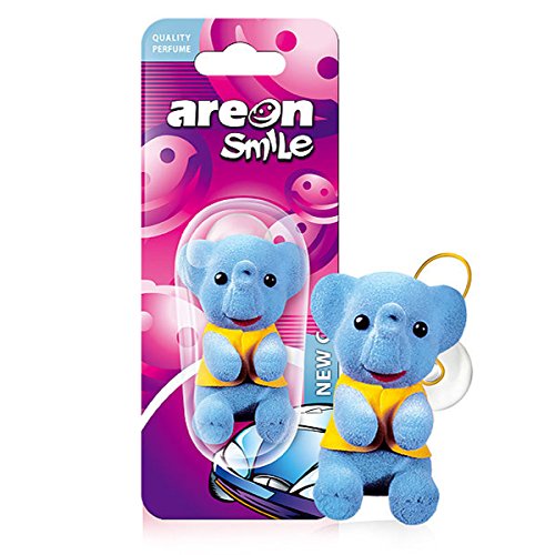 AREON Smile Ambientador Coche Olor Nuevo New Car Aire Divertido Mini Decorativo Colgar Colgante Retrovisor Azul Elefante Moderno Muñeco Grasioso Original Perfume 3D Casa Oficina (Pack de 1)