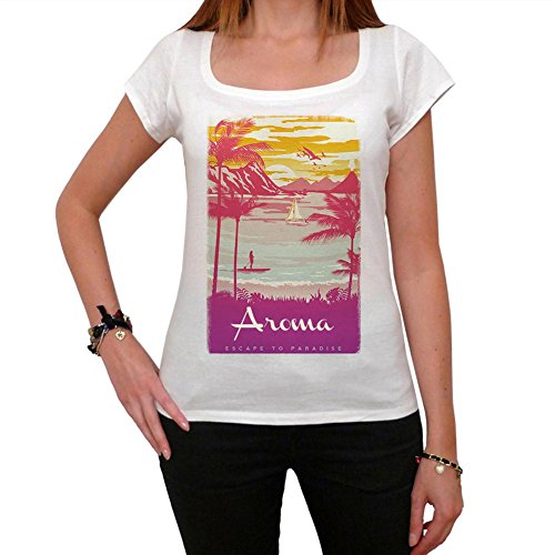 Aroma, Escapar al paraíso, La Camiseta de Las Mujeres, Manga Corta, Cuello Redondo, Blanco