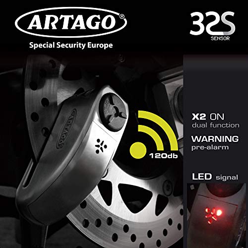 Artago 32 Candado antirrobo Moto Disco Alarma + Warning 120 db Alta Gama, ø15 Cierre s.a.a, homologado Sra, Acero Inoxidable