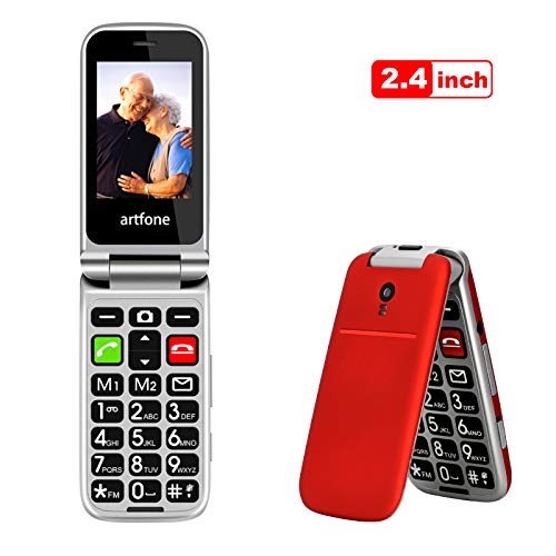 artfone CF241A Teléfono Móvil para Personas Mayores Teclas Grandes para Mayores, SOS Botón, Cámara, con una Base de Carga-Rojo