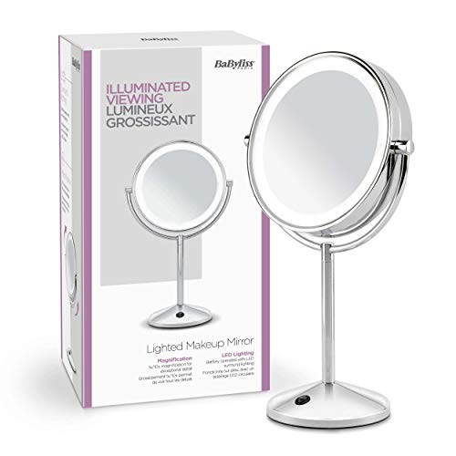 BaByliss 9436E Espejo de maquillaje, doble cara, aumento x1 y x10, iluminación LED, funcionamiento con pilas, color cromado