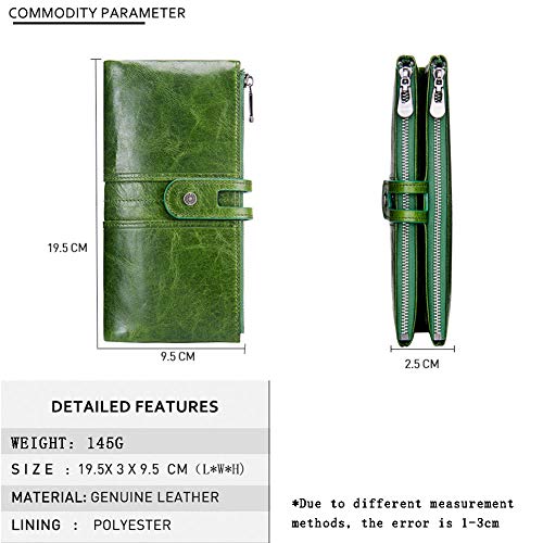 BAIAA Cartera Mujer, Cuero, Vendimia, Diseño Mano, Posición De Múltiples Tarjetas, Monedero Zip, Bolsillo para Teléfono Celular, 19.5 * 9.5 * 2.5cm (Green)