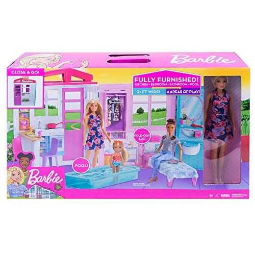 Barbie Casa portátil con piscina, casa de muñecas, edad recomendada 3 años y mas (Mattel FXG55)