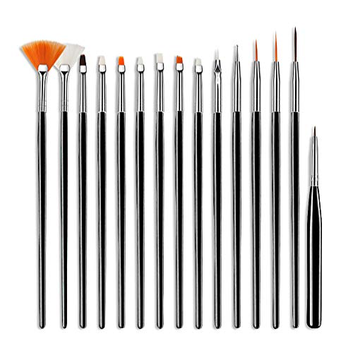 Beashine Bolígrafo para uñas, Pluma Pintada, 15 Unids Herramienta de Pincel para uñas Acrílico Pintado para Kits de Pinceles de Arte Pintura Decorar Uñas Pluma de Trazador de Líneas de Arte (Negro)