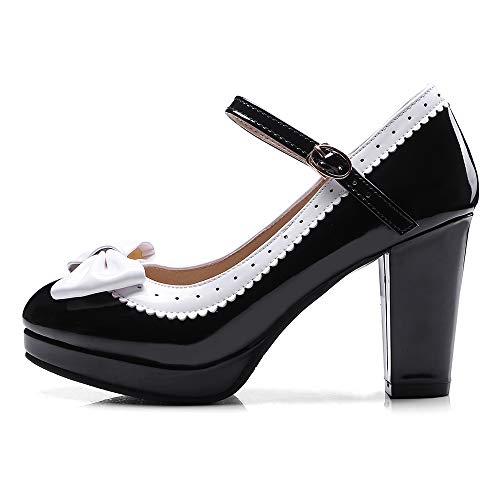 BeiaMina Mujer Dulce Bombas Zapatos Lazo Mary Jane Pump Black Tamaño 48 Asian