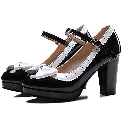 BeiaMina Mujer Dulce Bombas Zapatos Lazo Mary Jane Pump Black Tamaño 48 Asian