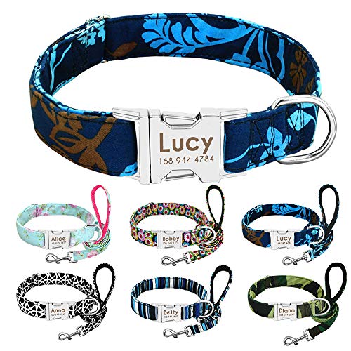 Beirui Collar Perro Personalizado con Hebilla de liberación rápida – Collares para Perros Personalizados con Patrones Florales – Blue Iris Collar y Correa Perro - M(12-19.5"Cuello)