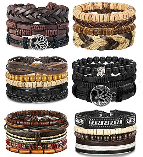 Besteel 24 Piezas Cuero Pulseras Árbol de la Vida para Hombre Mujer Trenzado Pulsera Cuentas de Madera Cuerda Brazalet Vintage Pulsera Ajustable