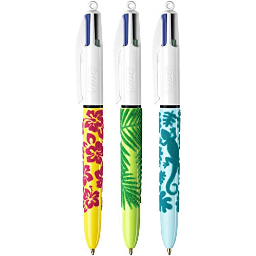 BIC 4 Colores Velours Bolígrafos de Punta Media (1,0 mm) - Varios Diseños, Pack de 3