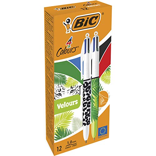 BIC 4 colores Velours - Caja de 12 unidades, bolígrafo motivos Naturaleza punta media (1,0 mm)