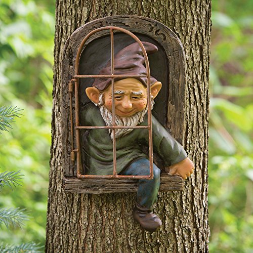 Bits and Pieces – Elf Out The Door Tree Hugger – Garden Peeker Yard Art – Escultura de árbol caprichoso, decoración de jardín