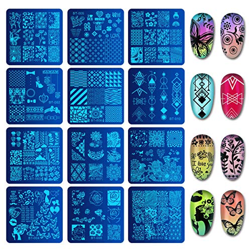 Biutee Placas Estampacion Uñas kit 12pcs Placas Uñas Stamping de Acero Inoxidable con 1 Sello Estampador Uñas 1 Raspador y 1 Bolsita para Guartarlas