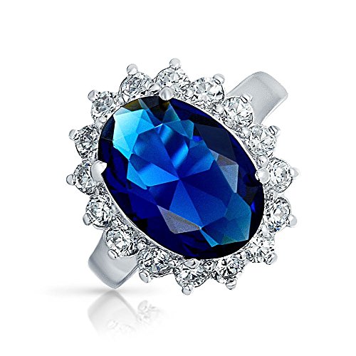 Bling Jewelry 6Ct Azul Real Safiro Simulado Ovalado Zirconio Cúbico CZ Corona Halo para Mujer Promesa Anillo De Plata Esterlina