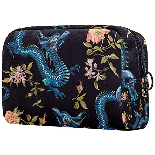 Bolsa de maquillaje oriental floral con dragones y rosas doradas, bolsa de cosméticos, organizador de viaje