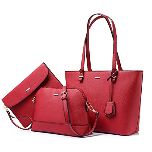 Bolsos de Las Mujeres Bolsos Hobo Bolso de Mano Satchel Cartera Set 3pcs Vino Rojo