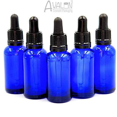 Botella con cuentagotas de cristal azul vacío de 30 ml con pipeta – Paquete de 5 unidades perfecto para aromaterapia/aceites esenciales