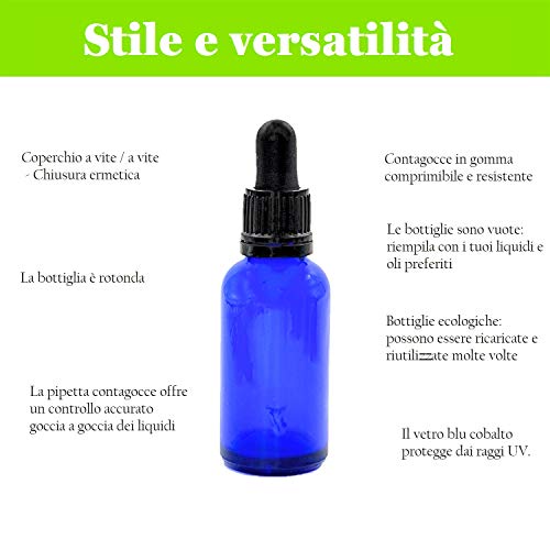 Botella con cuentagotas de cristal azul vacío de 30 ml con pipeta – Paquete de 5 unidades perfecto para aromaterapia/aceites esenciales