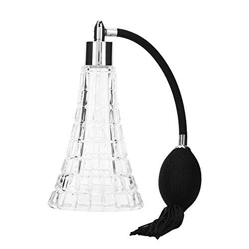 Botella de perfume de vidrio vacía de la vendimia con rociador de bombilla negro antiguo - Recipiente de vidrio recargable con borla negra larga (75 ml)