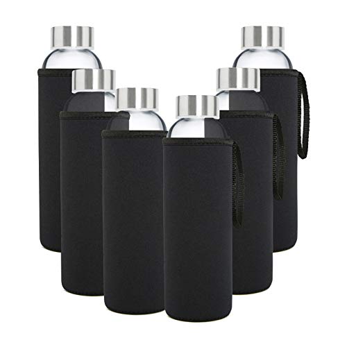 Botellas de Agua de Cristal - Set de 6 Botellas Reutilizables de Vidrio sin BPA con Funda de Nailon y Tapa a Prueba de Fugas Para Batidos, Zumos, Té y Otras Bebidas Para Adultos y Niños - 6 x 500 ml