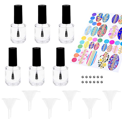 Botellas para Esmalte de Uñas Vacías con Brochas Dupont - Conjunto de 6 - Vidrio Claro Transparente - Incluye Embudos (para llenado fácil) y Bolas Mezcladoras - Crea tu Propio Esmalte de Uñas