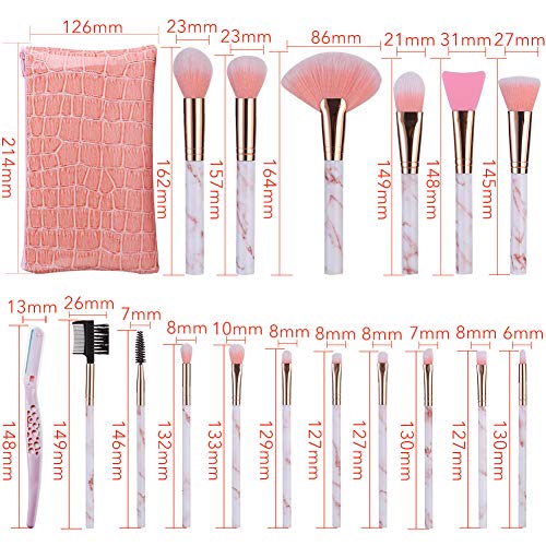 Brochas de maquillaje DUAIU 16 piezas Pinceles de maquillaje Set Premium Synthetic Eyeshadow Face Brush Crema líquida con silicona Máscara facial Cepillo Ceja Maquinilla de afeitar PU cosméticos Rosa