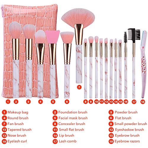 Brochas de maquillaje DUAIU 16 piezas Pinceles de maquillaje Set Premium Synthetic Eyeshadow Face Brush Crema líquida con silicona Máscara facial Cepillo Ceja Maquinilla de afeitar PU cosméticos Rosa