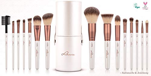 Brochas de Maquillaje Profesional y Exclusivas “PRIME VEGAN” con Estuche de Satín (tubo) – Set de 15 pinceles de Maquillaje - Incluye brocha para cejas y pestañas– El Regalo Perfecto para la Mujer