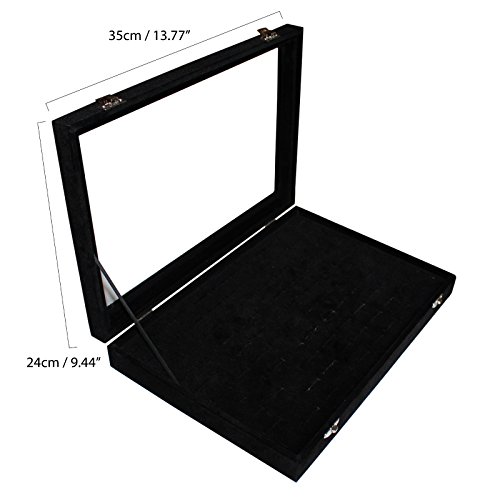 Caja Expositora para Anillos (Pack de 1) - Caja Almacenar Gemelos 35cm de Ancho x 24cm de Largo y 3cm de Alto - Organizador de Anillos Acrílico con Terciopelo para Joyas, Pendientes y Mas – Negro